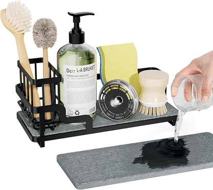 Consumest Sponge Holder for Kitchen Sink - Sink Caddy Organizer with Water Absorbing Stone Tray, Detachable Brush Holder, Stainless Steel Kitchen Counter Organizer Rack, Black by Consumest
