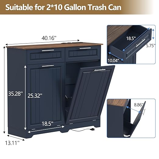 Double 10 Gallon Tilt Out Trash Can Cabinet with Deodorizing Function and Power Outlet, Wooden Hidden Garbage Can Holder with 2 Storage Drawers for Kitchen, Laundry Hamper Cabinet for Bathroom, Blue