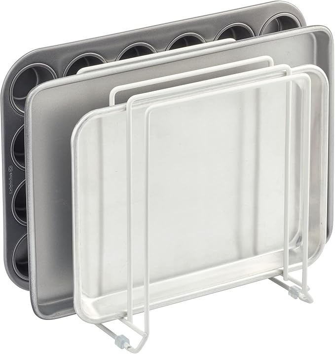 mDesign X-Large Steel Storage Tray Organizer Rack for Kitchen Cabinet - Divided Holder with 5 Slots for Skillets, Frying Pan, Pot Lids, Cutting Board, Baking Sheets - Concerto Collection - White by mDesign