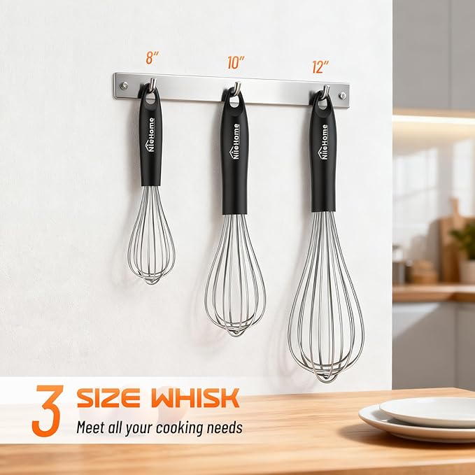 NileHome Silicone Whisk Set 8" 10" 12", 3 Pack Kitchen Whisk Kitchen Wisk Wire Whisks for Cooking, Whisking, Blending, Beating, Stirring-Black Silver - Image 2