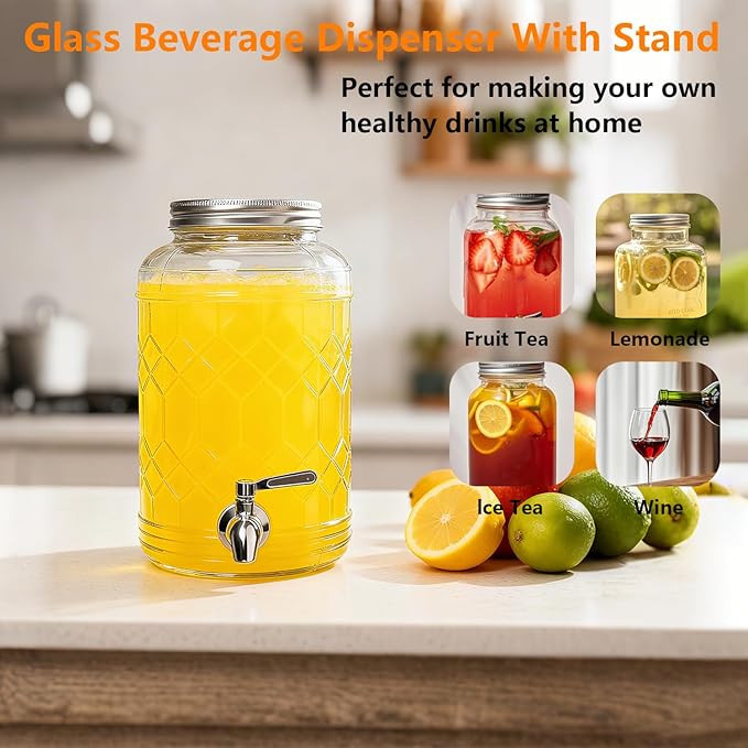 1 Gallon Beverage Dispenser with Stand,Lemonade Drink Dispenser with Stainless Steel Spigot for Parties and Weddings,Ideal for Juice,Coffee,Sangria