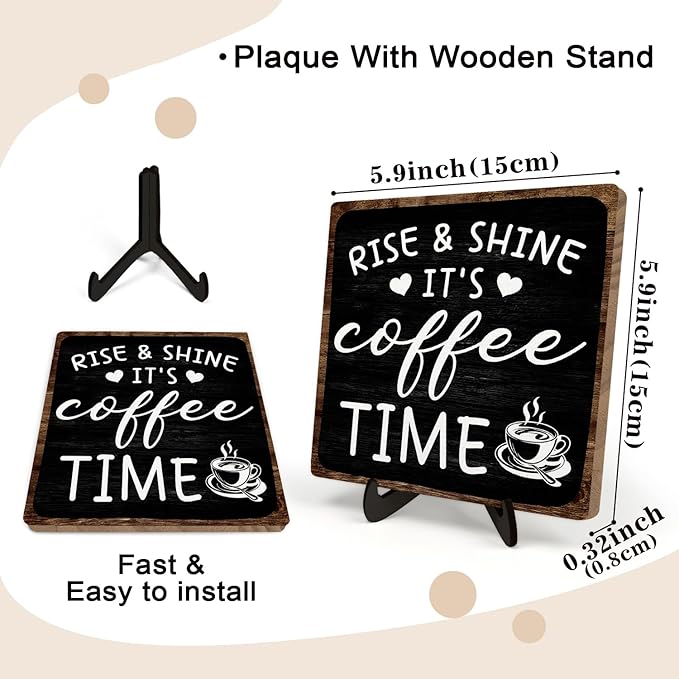 Farmhouse Coffee Wooden Plaque Sign, Vintage Desk Decor for Home or Office Coffee Station,Cafe Bar Sign - Rise & Shine It's Kitchen Wooden Sign 5.9x5.9In (Black2) - Image 2
