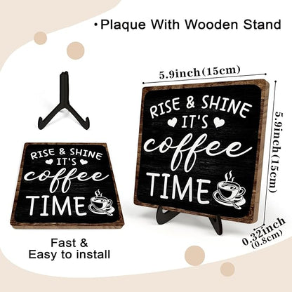 Farmhouse Coffee Wooden Plaque Sign, Vintage Desk Decor for Home or Office Coffee Station,Cafe Bar Sign - Rise & Shine It's Kitchen Wooden Sign 5.9x5.9In (Black2) - Image 2