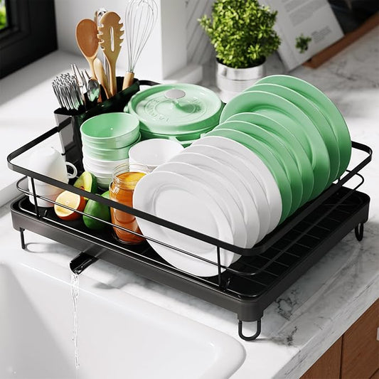 Kitsure Dish Drying Rack for Kitchen Counter, Stainless Steel Sink Organization and Storage Essentials with Cutlery Holder, Home and Appartment Decor, 12.7''W x 16.7''L, Black by Kitsure