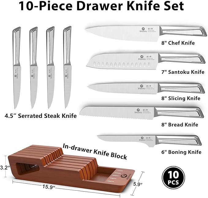 imarku Knife Set, 10 PCS Japanese Stainless Steel Knife Block Set, Kitchen Knife Sets with Wooden Drawer Organizer, Drawer Knife Set, Dishwasher Safe, Ultra Sharp Chef Knife, Gifts for Mom - Image 5