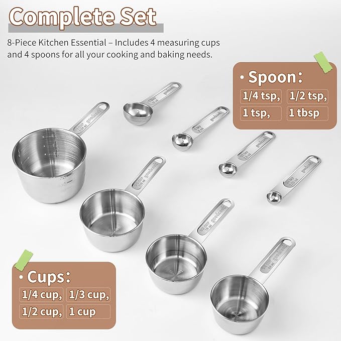 Measuring Cups and Spoons Set (8 Piece), Stainless Steel Measuring，4 Spoons, 4 Cups, Metal Measuring Cups for Cooking & Baking - Image 2