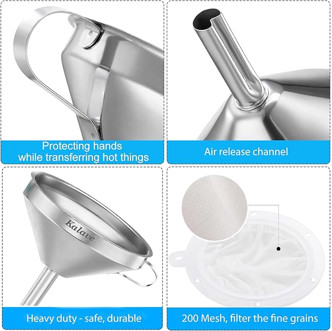 KALAVE Premium Stainless Steel Funnel, 5 Inch Food Grade Kitchen Funnels with 200 Mesh Food Filter Strainer for Filling Bottles, Oils, Juice, Wine, Coffee, Milk - Image 3