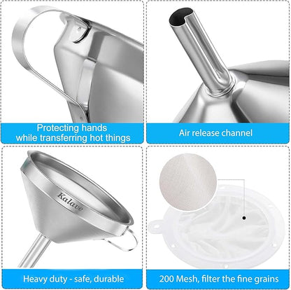 KALAVE Premium Stainless Steel Funnel, 5 Inch Food Grade Kitchen Funnels with 200 Mesh Food Filter Strainer for Filling Bottles, Oils, Juice, Wine, Coffee, Milk - Image 3