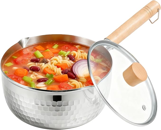 2 Quart Sauce Pan with Lid, Stainless Steel Saucepan with Dual Pour Spouts, Small Sauce Pot with Cool-Touch Wood Handle