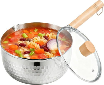 2 Quart Sauce Pan with Lid, Stainless Steel Saucepan with Dual Pour Spouts, Small Sauce Pot with Cool-Touch Wood Handle