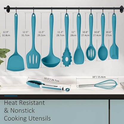 Silicone Cooking Utensils Set of 10, Kitchen Utensils Set for Cooking, 446°F Heat Resistant Silicone Kitchen Tools with Turner Spatula, Soup Ladle, Serving Spoons, Tongs for Nonstick Cookware - Blue