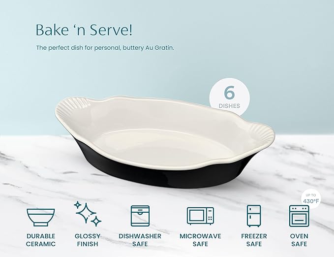 Au Gratin Baking Dishes, by Kook, Mini Casserole Dish, Set of 6, for Banana Split, Oven and Microwave Safe, Dishwasher Safe, Ceramic Serving Dishes, Lasagna & Cobblers, Individual Serving, 12 oz (Black) - Image 4