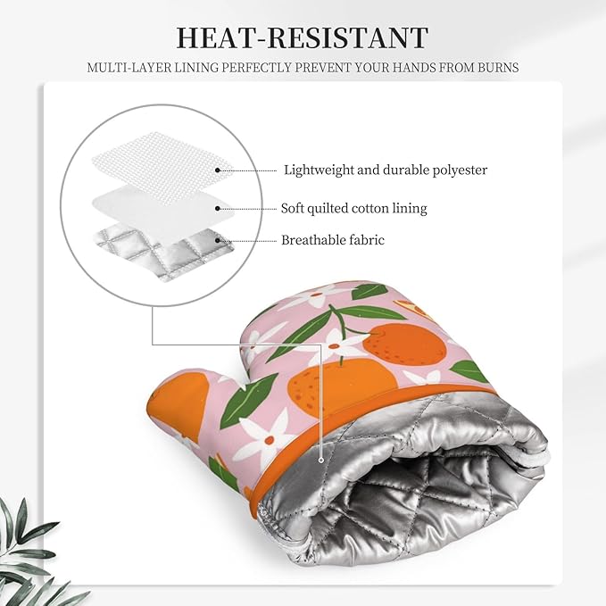 Tropical Fruit Oranges Silicone Oven Mitts Pan Mats Set of 2, Heat Resistant Gloves Potholder with Non-Slip Grips Hanging Loops Pot Holder, Spring Summer for Chef Cooking, Baking, Grilling, BBQ