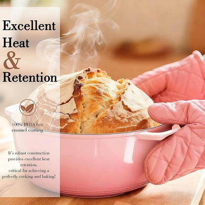 Umite Chef 6QT Enameled Cast Iron Dutch Oven with Lid, Versatile Heavy-Duty Cookware Pot for Baking Bread, Braising, Soups & Stews, Oven & Stovetop Safe with Heat Resistant Gloves(Pink) - Image 6