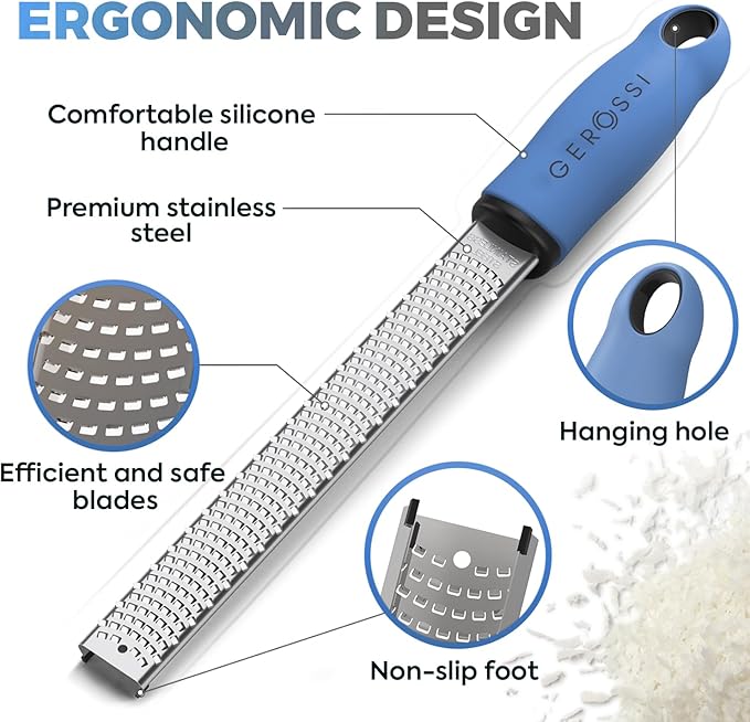 Stainless Steel Cheese Grater & Lemon Zester w/Extra Sharp Blade - Perfect for Lemon, Parmesan, Garlic, Chocolate - Spice Up any Dish in Seconds w/Your Premium Citrus Hand Grater with Handle - Blue - Image 4