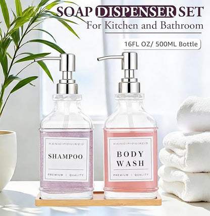 Glass Soap Dispenser with Pump,Tray,Funnel, Countertop Soap and Lotion Dispenser Set of 2 with 60 Stickers, Dish and Hand Soap Dispenser Bottle for Kitchen,Bathroom,Shower, 500ml/16.9oz