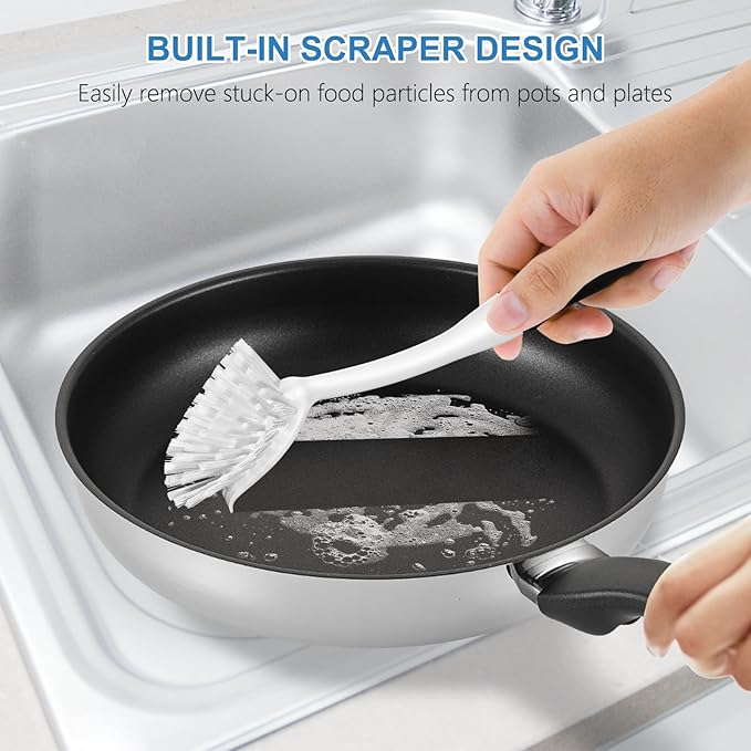 SetSail Dish Brush with Handle, 3 Pack Stiff Bristles Dish Scrubber with Built-in Scraper Dish Scrub Brushes for Cleaning Dishes, Pots and Pans, Kitchen Sink, 3 Pack, Black White - Image 5