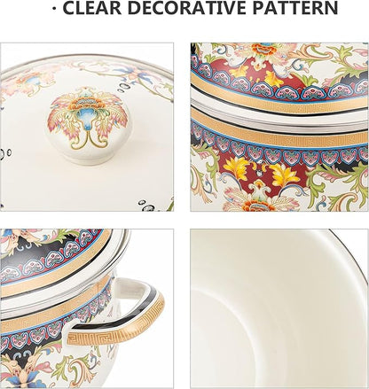 Retro Flower Enamel Stockpot with Lid,Stockpots for Cooking,Vintage Floral Stew Bean Simmer Pot with Handle, Kitchen Soup Pot, Safe for Induction Cookers, Gas Stove(Ivory-2.5QT)