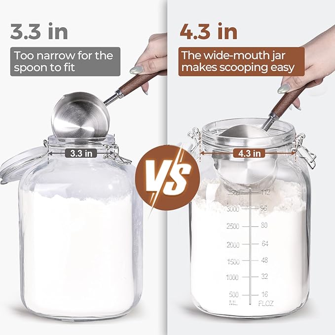 ComSaf 1 Gallon Square Glass Jars with Airtight Lids (135oz, Set of 2), Extra-Wide Mouth Canisters with Measurement Marks for Bulk Flour Storage, Fermenting Kombucha & Pickling - Image 2