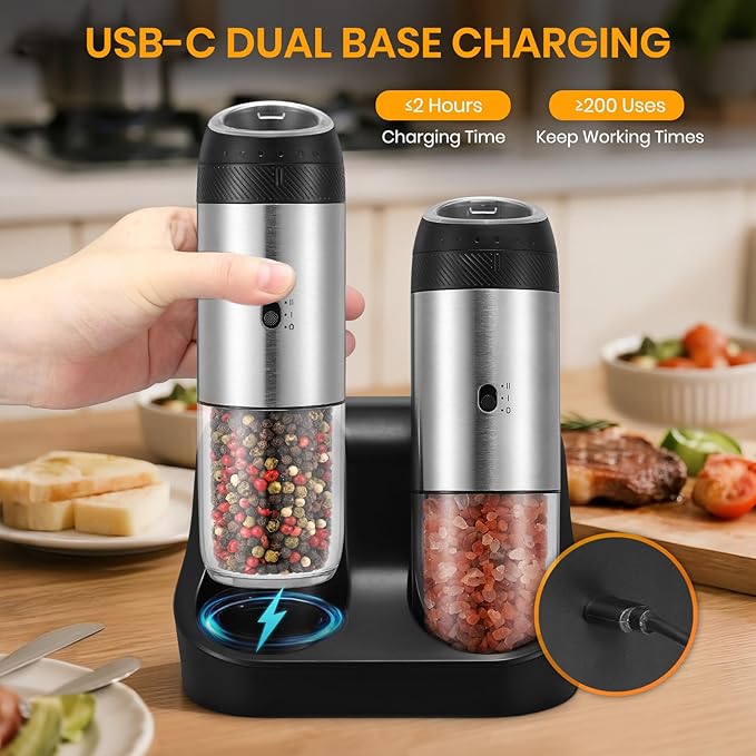 Rechargeable Gravity Electric Salt Grinder Set with Variable Grinding Speed, External Adjustable Coarseness,Charging Base and White LED Light,Stainless Steel - Image 3