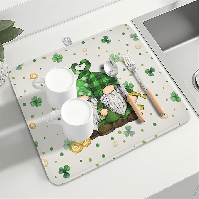St Patrick's Day Gnome Dish Drying Mat for Kitchen Counter,Inch Lucky Shamrock Gold Coin Drying Mat 16 x 18 Inch with Absorbent Reversible Microfiber Dish Drying Pad for Coffee Bar - Image 8