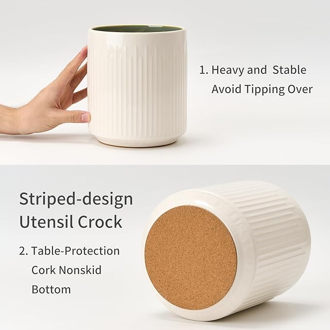 JIEMEI HOME Kitchen Utensil Holder, 7.2" Large Ceramic Stable Utensil Crock for Countertop, Utensil Organizer with Cork Mat, Removable Bamboo Divider for Easy, Kitchen Decor, White & Green - Image 5