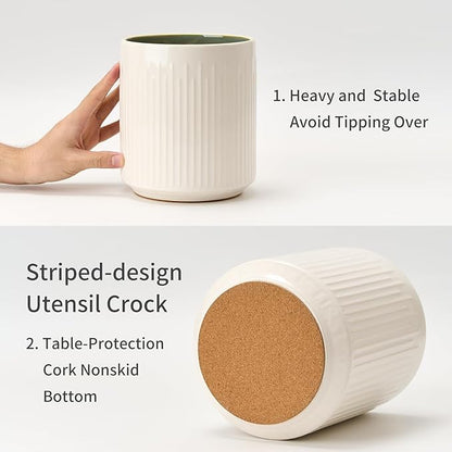JIEMEI HOME Kitchen Utensil Holder, 7.2" Large Ceramic Stable Utensil Crock for Countertop, Utensil Organizer with Cork Mat, Removable Bamboo Divider for Easy, Kitchen Decor, White & Green - Image 5