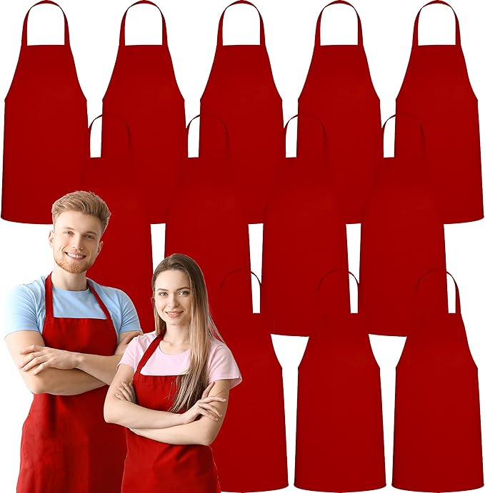 GREEN LIFESTYLE 12 Pack Bib Apron - Unisex Red Aprons, Machine Washable Aprons for Men and Women, Kitchen Cooking BBQ Aprons Bulk (Pack of 12, No Pockets, Red) by GreenLifeStyle