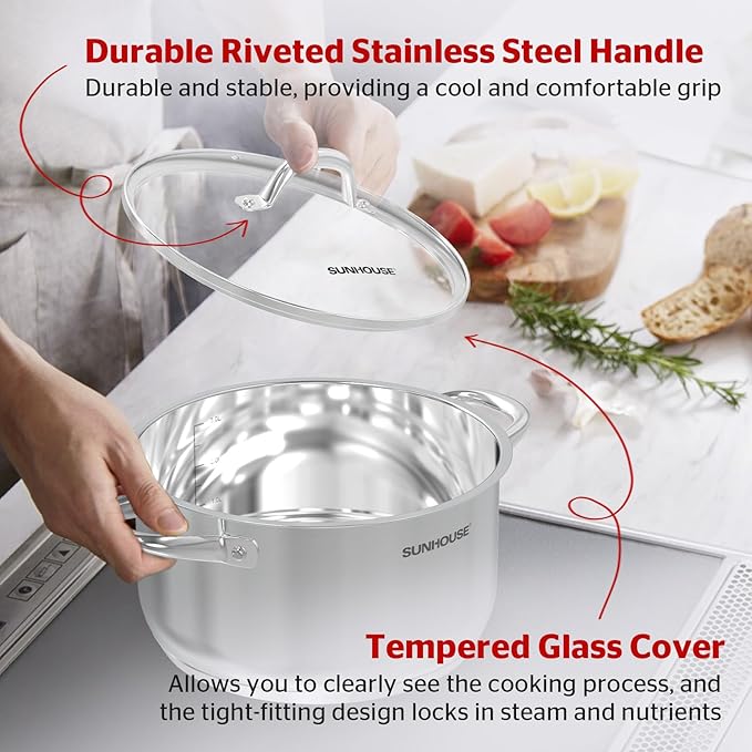 SUNHOUSE Stainless Steel Stock Pot - 13 Quart Heavy-Duty Induction Cooking Pot with Visible Lid for Pasta, Soup, Spaghetti - Nonstick Thick-Bottom Deep Stockpot for Canning, Boiling, and Simmering - Image 8