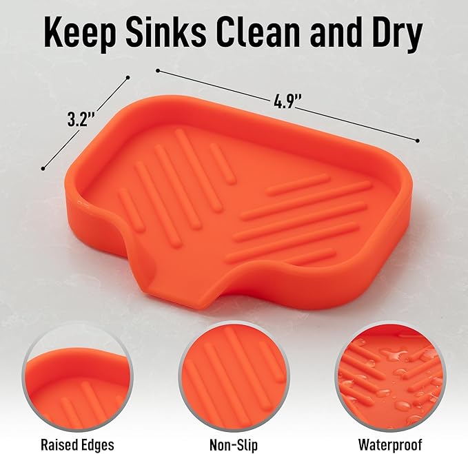 Zulay Kitchen Small Silicone Sponge Holder (4.9x3.3”) – Space-Saving Sink Organizer Tray for Sponge, Soap, Brush & More – Compact Non-Slip Dish for Kitchen & Bathroom (Orange) - Image 4