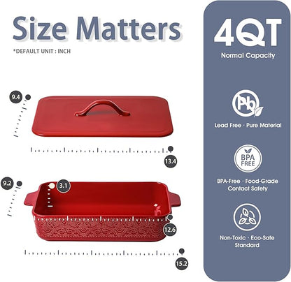 Casserole Dish with Lid, Ceramic 9x13 Casserole Dish for Oven, Rectangular Bakeware, Large Baking Dish with Handles for Holiday Cooking, Roasting, Baking, Oven & Microwave Safe (Red) - Image 2