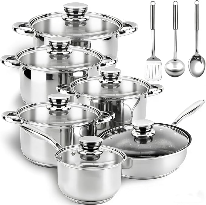 Stainless Steel Cookware Set - 15 Pieces Pots and Pans Nonstick Pot and Pan Set Includes 1 Frying Pans, 5 Pots, 6 Lids and 3 Utensils, with Stay Cooling Handle, Induction & Oven Safe by Colourcoco
