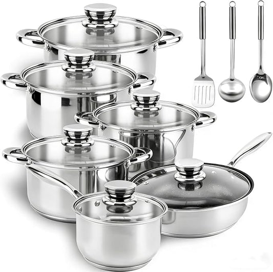 Stainless Steel Cookware Set - 15 Pieces Pots and Pans Nonstick Pot and Pan Set Includes 1 Frying Pans, 5 Pots, 6 Lids and 3 Utensils, with Stay Cooling Handle, Induction & Oven Safe by Colourcoco