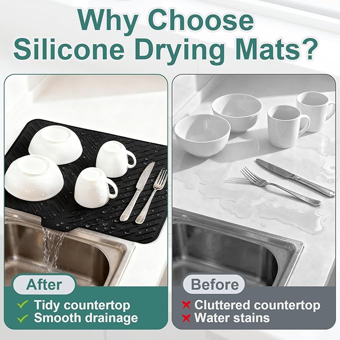 Silicone Dish Drying Mat 23x17,Food-Grade Silicone,Easy Clean Pad for Countertop Protection,Heat Resistant,Easy Clean,Non-Slip Drain Pad with Built-in Drain,Multi-Functional Use,Black - Image 5