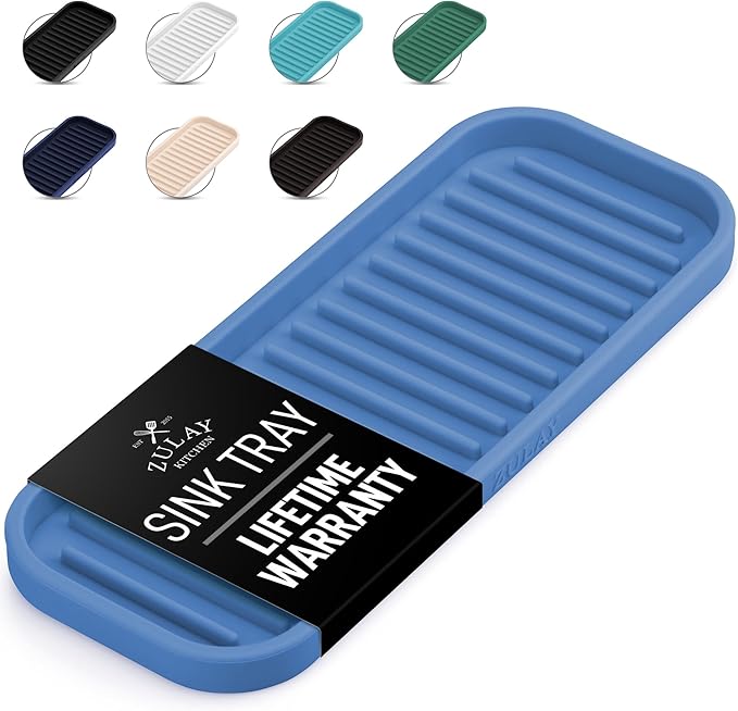 Zulay Kitchen (9x3.5) Silicone Sponge Holder for Kitchen Sink - Flexible Multipurpose Soap Tray Sponge Holder - Sink Organizer Tray for, Bathroom, Makeup, Trinkets & More (Provence Blue) by ZulayKitchen