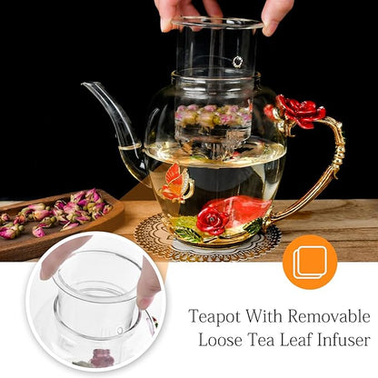 Enamel Glass Flower Tea Pot With Removable Loose Tea Leaf Infuser Tea Maker Teapot Set 30.4OZ Gifts for Women,Mom,Birthday - Image 2