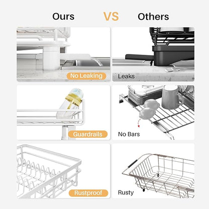SNTD Dish Drying Rack - Extendable Dish Rack, Large Sink Drying Dish Drainer for Kitchen Counter, Stainless Steel Dish Strainer with Utensil Holder (White) - Image 4