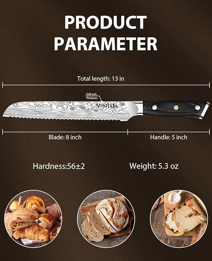 MOSFiATA Bread Knife 8” Ultra Sharp Serrated Knife, German High Carbon Stainless Steel EN1.4116 Bread Slicer with Bread Lame, Micarta Handle, For Bread, Cake, Bagels - Image 3