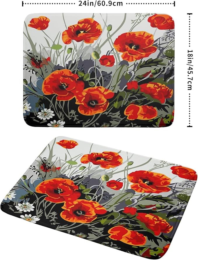 Giwawa Poppy Dish Drying Mat 18x24 inch for Kitchen Vintage Red Orange Floral Dish Drying Pad Oil Painting Flower Dish Drainer Mats Absorbent Microfiber Protector for Countertop Coffee Bar