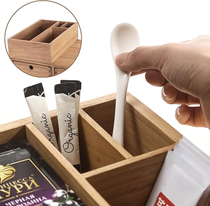 KIRIGEN Wooden Coffee Station Organizer 2-Piece Set - Coffee Bar Storage with Drawers for Sugar, Tea - Coffee Pod Holder and Accessories Organizer for Kitchen Counter Brown KFJTZ-DBR - Image 7