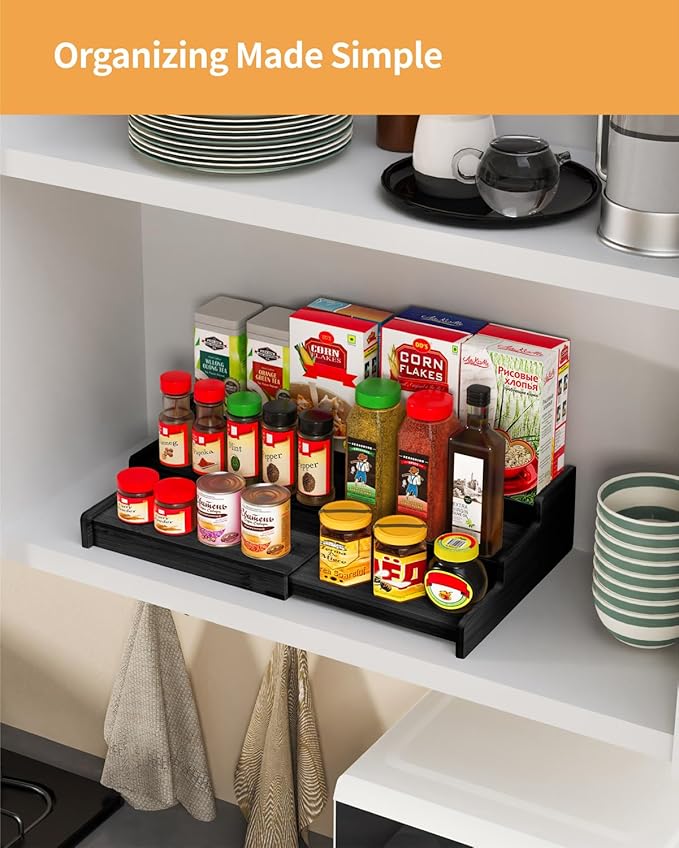 VenDotbi Spice Rack, 3-Tier Expandable Bamboo Spice Rack Organizer for Cabinet - Kitchen, Pantry and Cupboard Storage Organizer-Black - Image 7