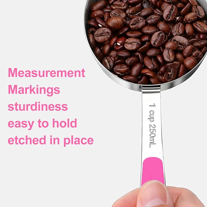 Bopei Measuring Cups and Spoons Set Stainless Steel 10 Piece for Cooking and Baking (5 Cups + 5 Spoons, Pink Handle) - Image 4