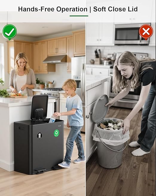 Lovewind 2×11.5 Gallon Dual Trash Can, Stainless Steel Dual Garbage and Recycling Can with Foot Pedal, 90° Stay-Open Lid, Pet-Proof Design – Large Dual Compartment Trash Recycling Bins Kitchen, Black