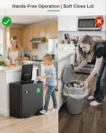 Lovewind 2×11.5 Gallon Dual Trash Can, Stainless Steel Dual Garbage and Recycling Can with Foot Pedal, 90° Stay-Open Lid, Pet-Proof Design – Large Dual Compartment Trash Recycling Bins Kitchen, Black
