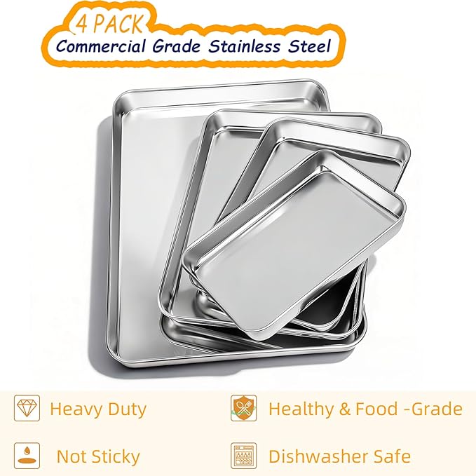 CEKEE Baking Sheet Set of 4, Stainless Steel Cookie Sheets for Baking, 0.8mm Heavy Duty Nonstick Baking Pans, 9/10/12/16 Inch Baking Trays for Oven, Non Toxic & Mirror Finish & Easy Clean - Image 2
