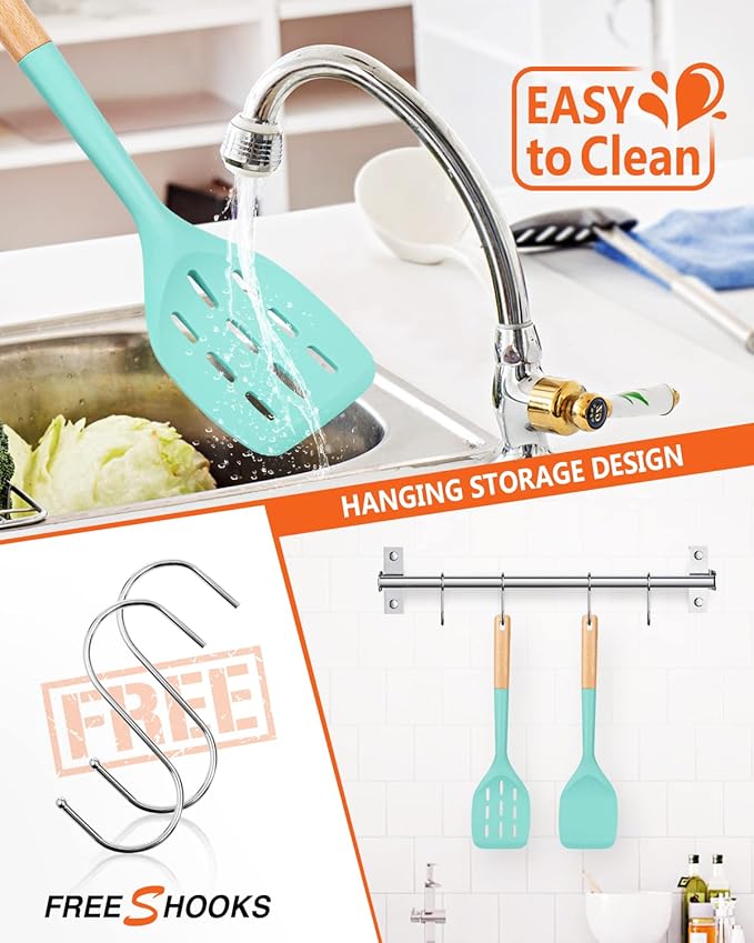 Pack of 2 Silicone Spatula, Non Stick Cooking Utensil Set Stainless Steel Handle Kitchen Turner for Baking Mixing Grilling Serving Food Heat Resistant Non Scratch Hooks Included (Green) - Image 4