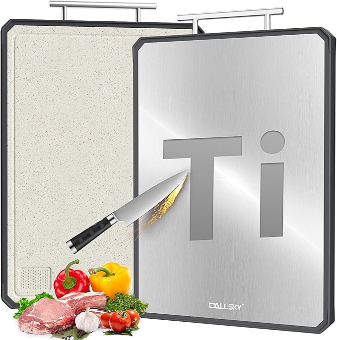 Titanium Cutting Board for Kitchen, Double Sided Non Toxic Titanium Cutting Board with JUICE GROOVE, Food-Grade Metal Chopping Board, Pure Titanium&Wheat Straw PP, Dishwasher Safe16.3”×11”-1 PC by GreatMirrorTalksItself
