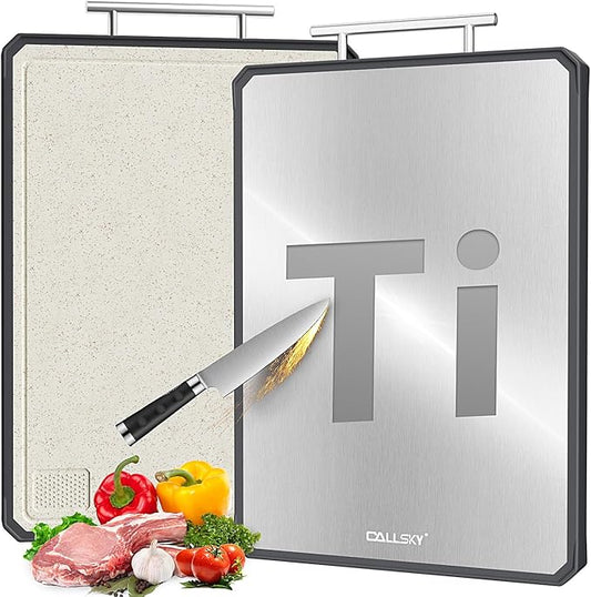 Titanium Cutting Board for Kitchen, Double Sided Non Toxic Titanium Cutting Board with JUICE GROOVE, Food-Grade Metal Chopping Board, Pure Titanium&Wheat Straw PP, Dishwasher Safe16.3”×11”-1 PC by GreatMirrorTalksItself