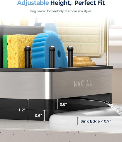 Nacial Kitchen Sink Caddy Organzier with High Brush Holder, Sponge Holder for Kitchen Sink with Two Towel Racks - Rustproof 304 Stainless Steel Kitchen Countertop Storage Essentials - Image 4