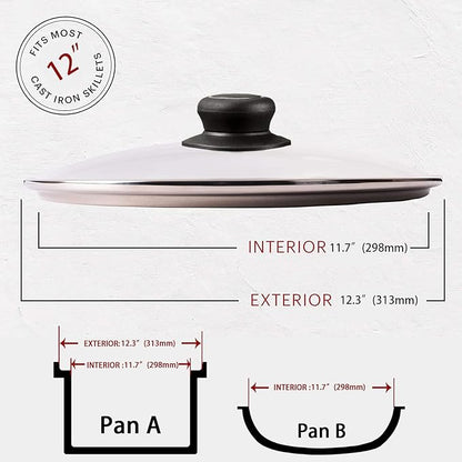 12 Inch Glass Lid for Frying Pan Lid, Pan Lid, Skillet, Pot Cover, Compatible with Lodge Cast Iron Skillet -12" Cover with Heat-Resistant Handle, Clear